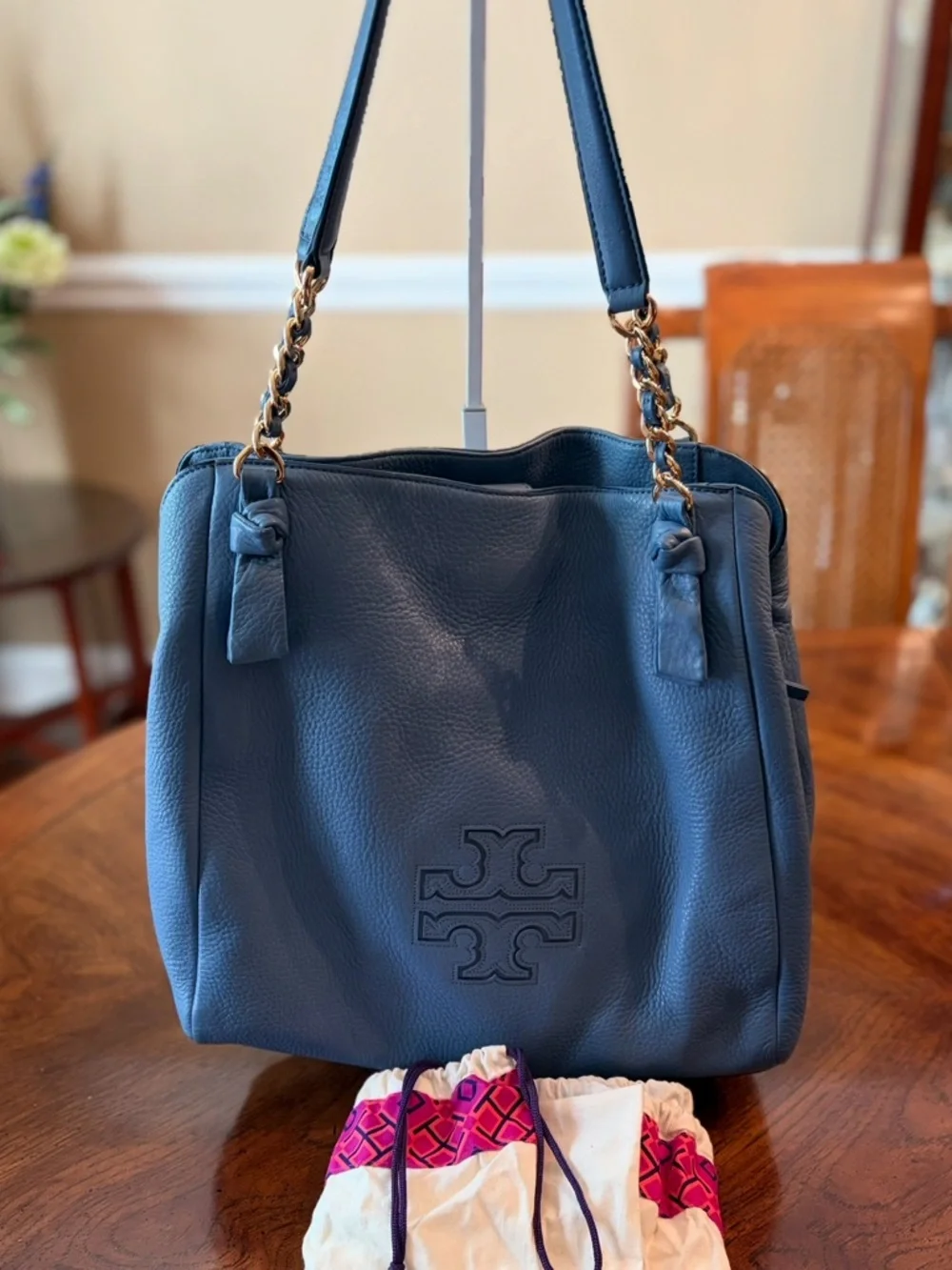 NWOT Tory Burch Harper Pebbled Leather Shoulder Tote w/Chain Straps - Slate Blue - Picture 7 of 14